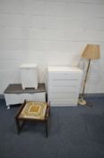 A PAINTED CHEST OF FIVE LONG DRAWERS, along with a wicker ottoman, tile top coffee table, wicker