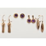 A BAG OF ASSORTED 9CT GOLD AND YELLOW METAL EARRINGS, to including two pairs of amethyst stud