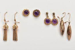 A BAG OF ASSORTED 9CT GOLD AND YELLOW METAL EARRINGS, to including two pairs of amethyst stud
