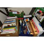 FOUR BOXES OF BOOKS AND ART MATERIALS, approximately seventy books with titles to include art,