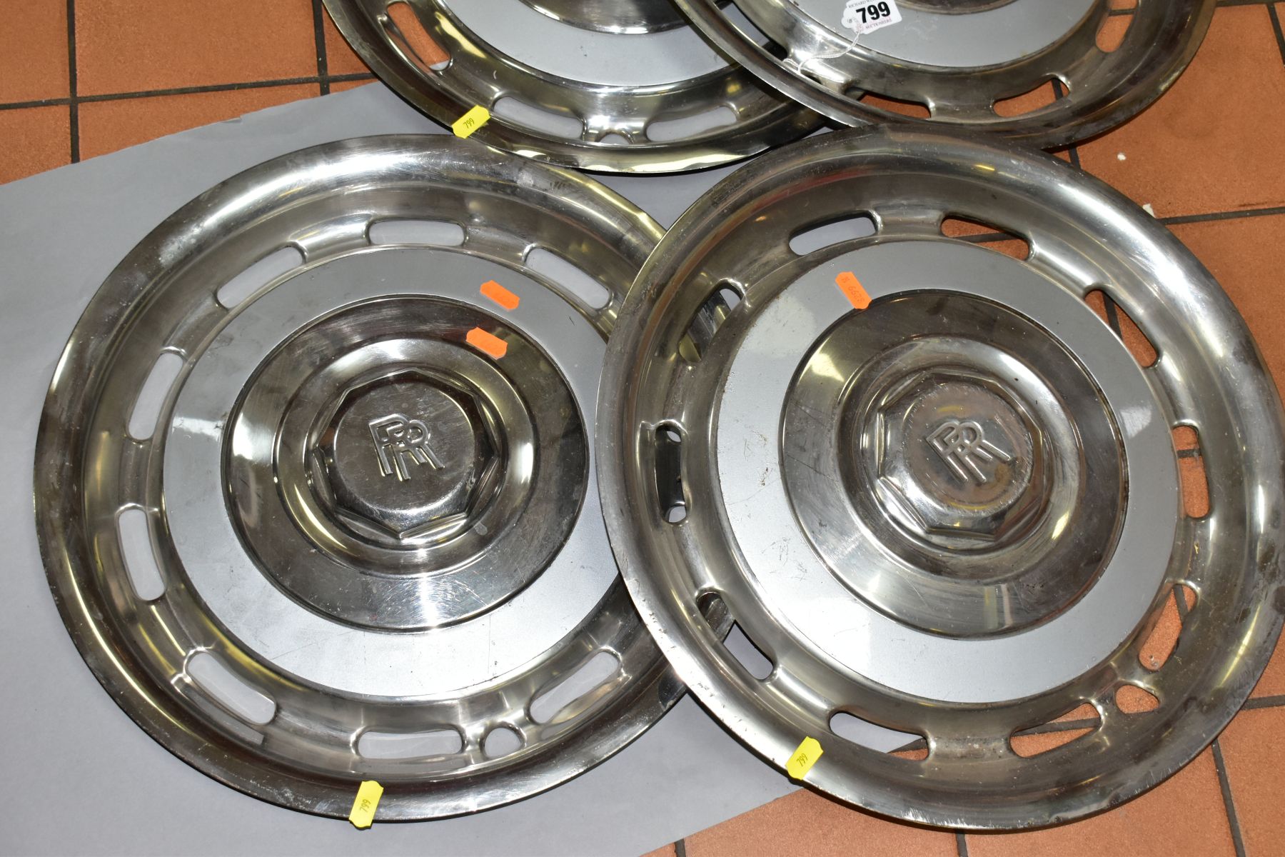 A SET OF FOUR CHROME ROLLS ROYCE HUB CAPS, diameter 42.5cm, with light grey band and central Rolls - Image 3 of 3