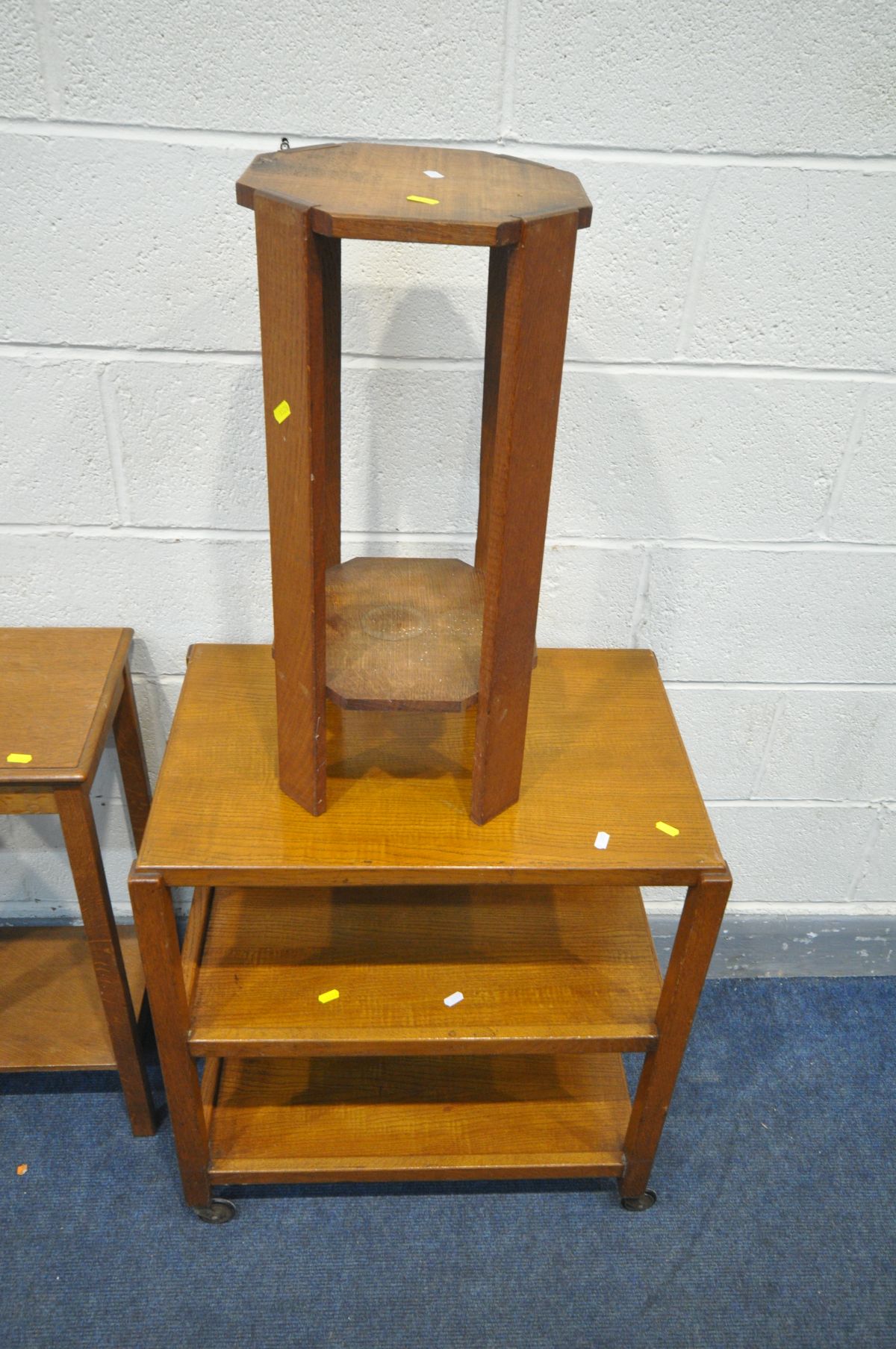 A NEAR PAIR OF TALL OAK OCCASIONAL TABLES, width 38cm x depth 30cm x height 70cm, an oak tea trolley - Image 2 of 4