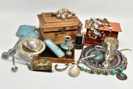 A BOX OF ASSORTED ITEMS, to include a three piece white metal and light blue guilloche enamel vanity