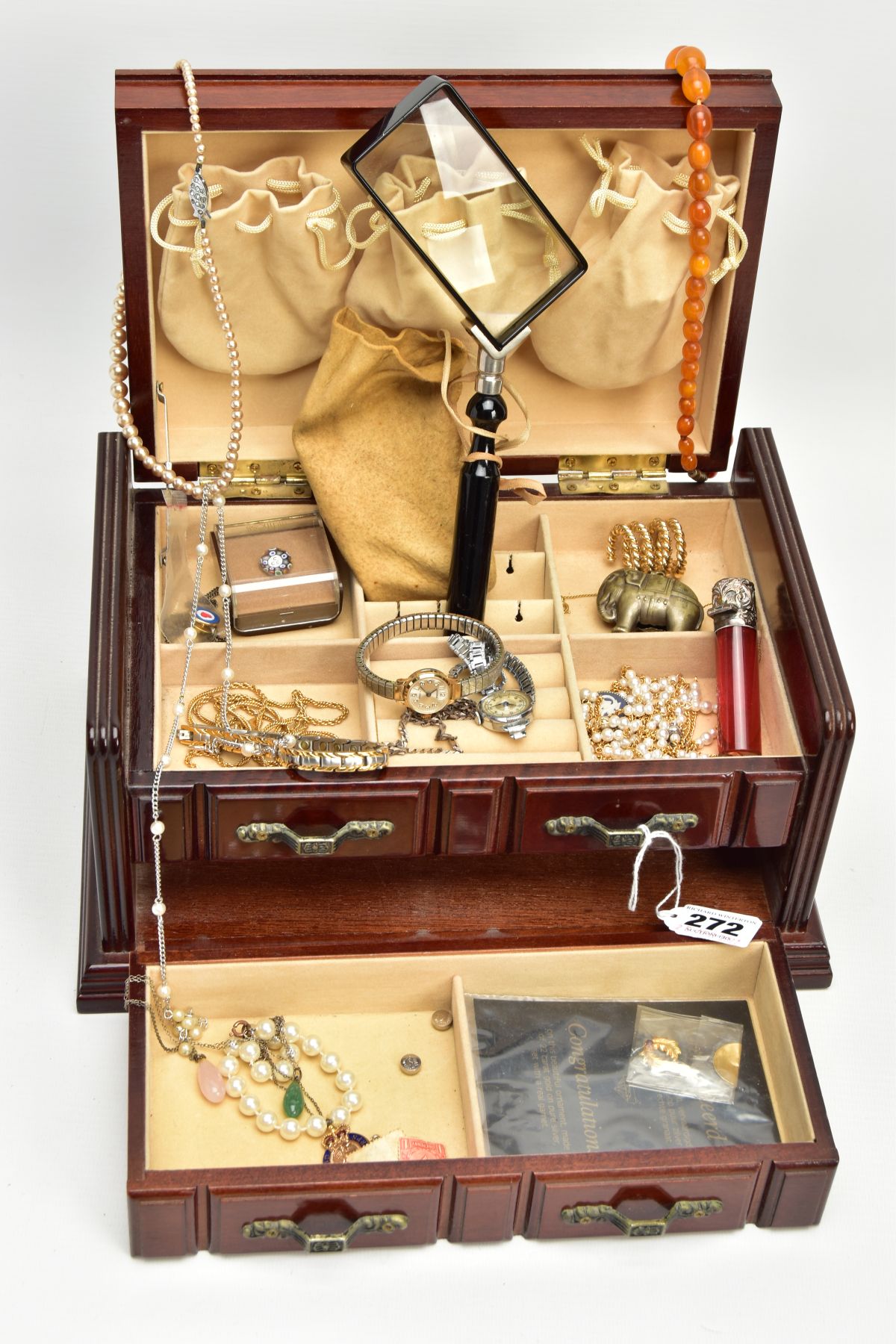 A WOODEN JEWELLERY BOX WITH CONTENTS, to include a ladies 'Sekonda' wristwatch fitted with a flexi