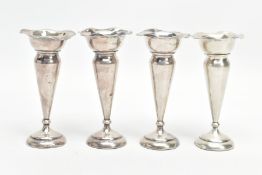 A COLLECTION OF FOUR SILVER POSEY VASES, silver fluted vase with wavey rims, weighted circular