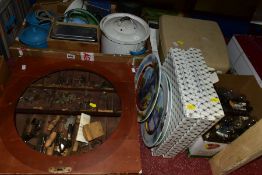 TWO BOXES AND LOOSE KITCHENALIA, TYPEWRITERS, PICTURE AND SUNDRY ITEMS, to include a military