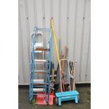 AN ALUMINIUM STEP LADDER length 165cm, a metal step ladder and a small collection of garden tools