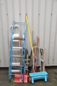 AN ALUMINIUM STEP LADDER length 165cm, a metal step ladder and a small collection of garden tools