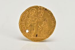 A VENITIAN GOLD DUCAT COIN, St. Mark standing right, presenting banner to the kneeling Doge,