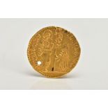 A VENITIAN GOLD DUCAT COIN, St. Mark standing right, presenting banner to the kneeling Doge,