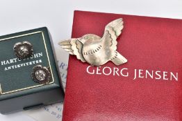 A GEORG JENSEN BROOCH AND EARRINGS, a silver bird brooch, stamped 'Georg Jensen' 925 S Denmark,