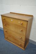 A SOLID OAK CHEST OF FOUR LONG GRADUATED DRAWERS, width 92cm x depth 47cm x height 105cm (