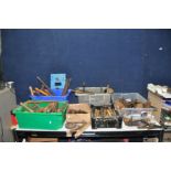 SIX TRAYS CONTAINING VINTAGE HAND TOOLS including a 8in Coffin Plane, a 6in router plane (no blade),