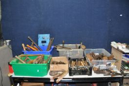 SIX TRAYS CONTAINING VINTAGE HAND TOOLS including a 8in Coffin Plane, a 6in router plane (no blade),
