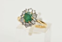 AN 18CT GOLD MID TO LATE TWENTEITH CENTURY EMERALD AND DIAMOND CLUSTER RING, centring on an oval