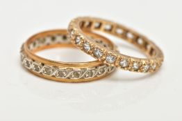 TWO FULL ETERNITY RINGS, the first set with a row of colourless cubic zirconia, stamped 9ct, ring
