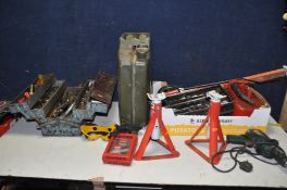 A TOOLBOX AND A BOX OF TOOLS to contain a quantity of spanners, sockets, ratchets, hammers, a ten