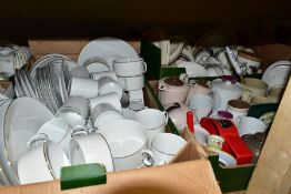 THREE BOXES OF CERAMICS, to include a large Thomas, Germany silver banded dinner service (