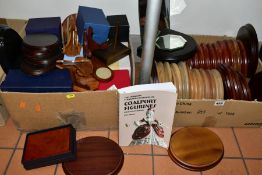 TWO BOXES OF WOODEN DISPLAY STANDS, PLATE STANDS, EMPTY CARD BOXES, ETC, including a Charlton