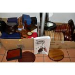 TWO BOXES OF WOODEN DISPLAY STANDS, PLATE STANDS, EMPTY CARD BOXES, ETC, including a Charlton