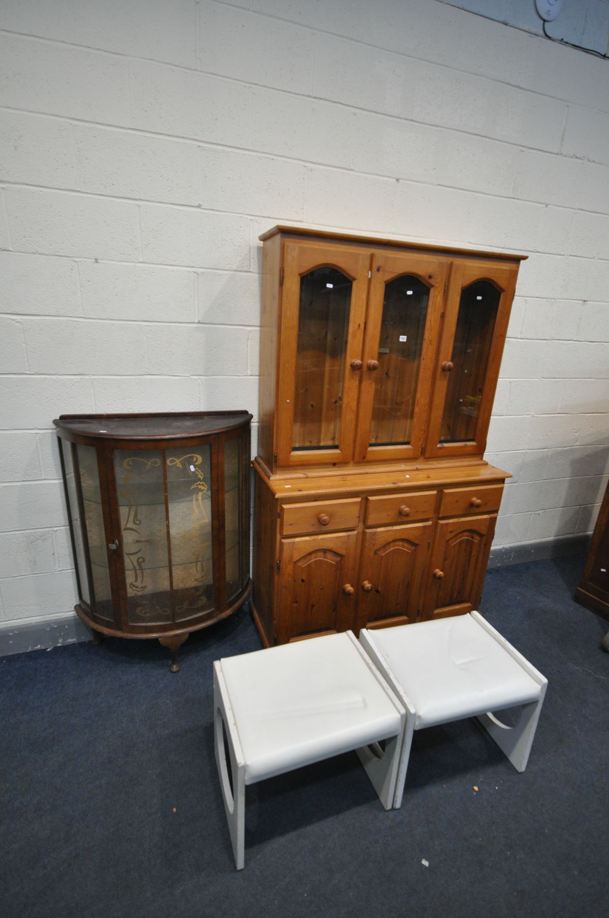 A PINE DRESSER with three drawers, width 122cm x depth 45cm x height 189cm, a 1930's walnut demi