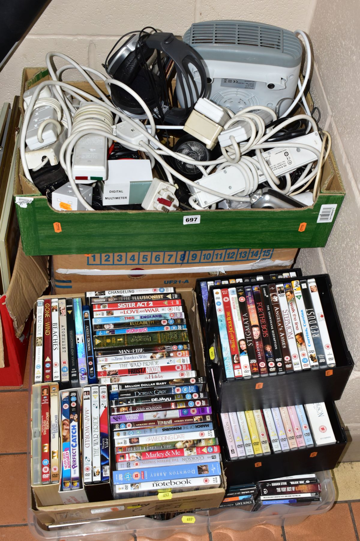 EIGHT BOXES OF DVDS, CDS, BOOKS, EXTENSION CABLES, ETC, books include Haynes Manuals (Laptop,