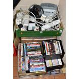 EIGHT BOXES OF DVDS, CDS, BOOKS, EXTENSION CABLES, ETC, books include Haynes Manuals (Laptop,