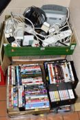 EIGHT BOXES OF DVDS, CDS, BOOKS, EXTENSION CABLES, ETC, books include Haynes Manuals (Laptop,