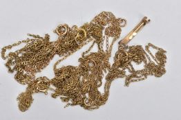 A BAG OF ASSORTED CHAINS, entangled yellow metal chains and a ring size adjuster stamped 9ct,