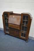 AN ART DECO OAK SIDE BY SIDE BUREAU BOOKCASE, width 121cm x depth 41cm x height 119cm (condition:-Sd