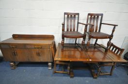 A 20TH CENTURY STAINED OAK DRAW LEAF DINING TABLE, open width 151cm x closed width 91cm x depth 91cm