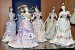 A SET OF FIVE ROYAL WORCESTER FOR COMPTON & WOODHOUSE 'SPLENDOUR AT COURT' LIMITED EDITION LADY