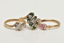 THREE 9CT GOLD DRESS RINGS, the first a lozenge shape set with circular cut emeralds and