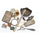 A BAG OF ASSORTED ITEMS, to include an AF baby's silver rattle in the form of an owl (missing eye