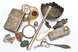 A BAG OF ASSORTED ITEMS, to include an AF baby's silver rattle in the form of an owl (missing eye