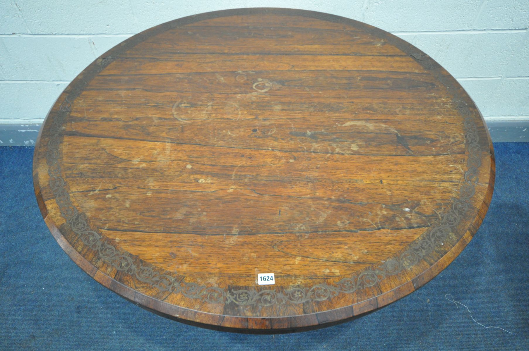 A GEORGE IV ROSEWOOD BREAKFAST TABLE, the circular tilt-top with a foliate brass inlaid border, on a - Image 2 of 11