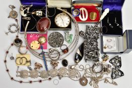 A BOX OF ASSORTED WHITE METAL JEWELLERY, to include a three wire collar necklace unmarked, a white