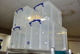 FOUR REALLY USEFUL BOX PLASTIC STORAGE BOXES AND LIDS, comprising three 84 litre and one 35 litre (