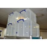 FOUR REALLY USEFUL BOX PLASTIC STORAGE BOXES AND LIDS, comprising three 84 litre and one 35 litre (