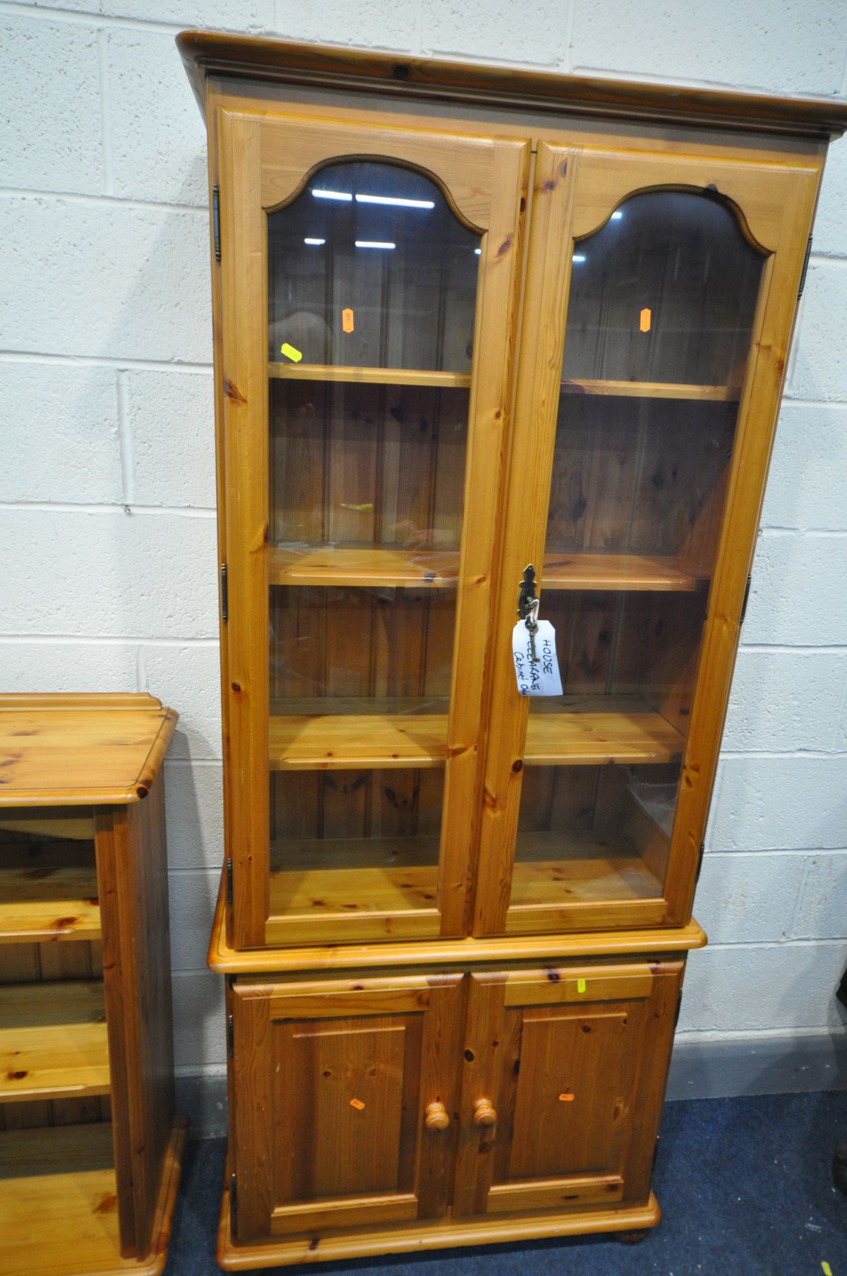 A MODERN PINE GLAZED DOUBLE DOOR BOOKCASE, width 82cm x depth 33cm x height 186c (two keys) along - Image 3 of 3