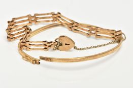 A 9CT GOLD BANGLE AND GATE BRACELET, distorted thin bangle, approximate width 2.7mm, fitted with a