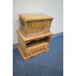 A PINE TV STAND with a single drawer, and a small period pine tool chest with iron handles (2)