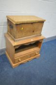 A PINE TV STAND with a single drawer, and a small period pine tool chest with iron handles (2)