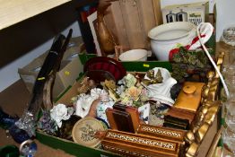 THREE BOXES AND LOOSE CERAMICS, TREEN AND SUNDRY HOUSEHOLD ITEMS, to include a box of five white