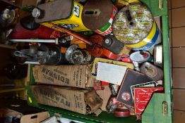A BOX OF VINTAGE OIL CANS, AUTOMOBILIA AND SUNDRY ITEMS, to include an Esso oil jug, Castrol GTX,