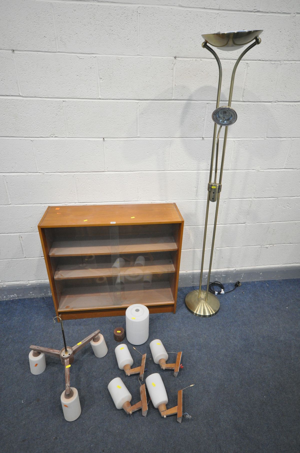 A MID CENTURY REMPLOY TEAK GLAZED BOOKCASE, along with a matched set of six mid-century light