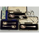 A BOX OF ASSORTED SILVER SPOONS, to include single cased spoon with engraved detail, signed 'ER' '