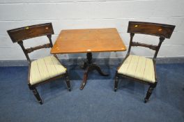 A 19TH CENTURY AND LATER MAHOGANY RECTANGULAR TILT TOP TABLE, on a turned support and triple splayed