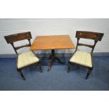 A 19TH CENTURY AND LATER MAHOGANY RECTANGULAR TILT TOP TABLE, on a turned support and triple splayed