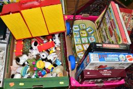 TWO BOXES OF BOARD GAMES, LEGO, MCDONALD'S PLASTIC SNOOPY FIGURES, ETC, including a metal Holly